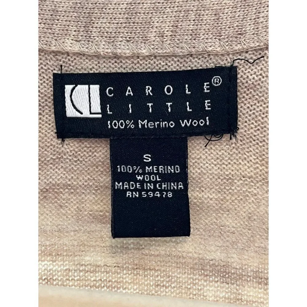 Carole Little Merino Wool Ruffle Shawl Collar Belted Cardigan Sweater Small Tan